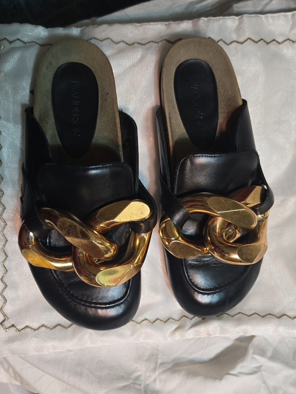 JW ANDERSON Black Leather Mules with Oversized Gold Chain